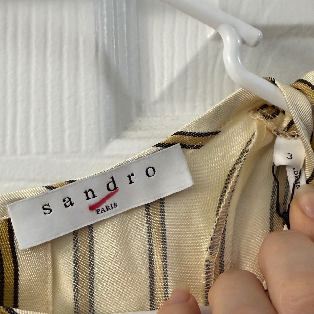 Sandro Paris Bari Striped Ruffle Sleeveless Top Vanilla Tan Black Size 3 NEW - Picture 2 of 6